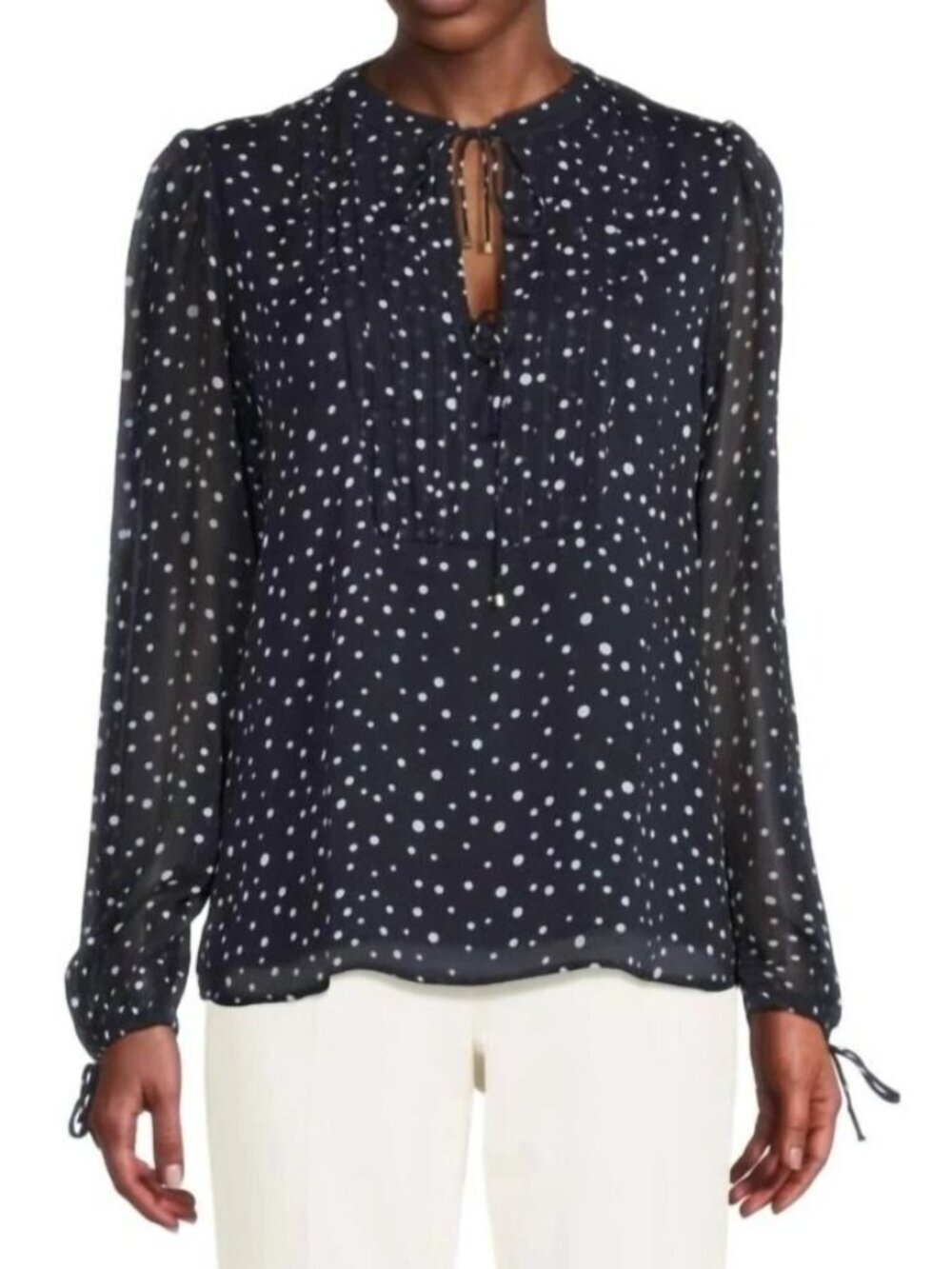 TOMMY HILFIGER Long Sleeve Dot Print Tie Neck Blouse~Size XS~Black NWT L4 21